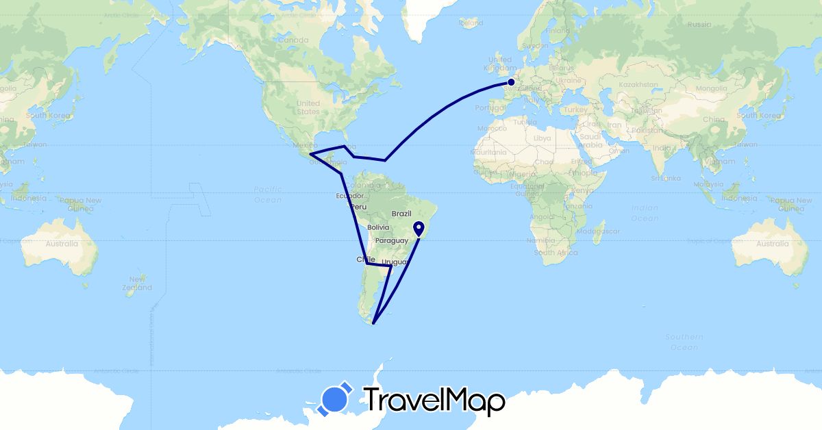 TravelMap itinerary: driving in Argentina, Brazil, Chile, Costa Rica, Cuba, France, Jamaica, Mexico, Peru (Europe, North America, South America)